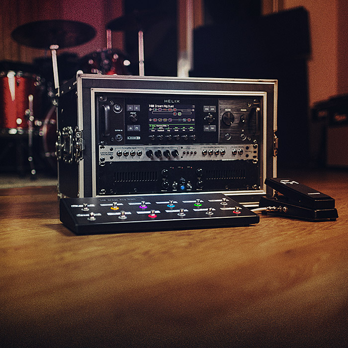Helix Rack in rack case on floor with Helix Control & Mission Engineering Line 6 expression pedal.