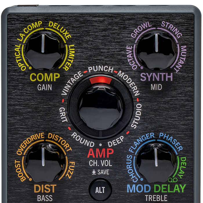 Top image of the POD Express Bass Compressor, Synth, Distortion, Amp, and Mod Delay knobs