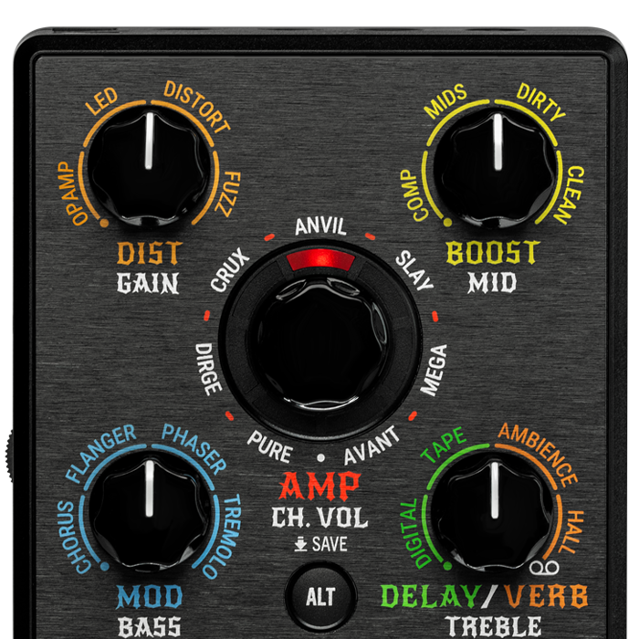 Top image of the POD Express Black Distortion, Gain, Boost, Mid, Mod, Bass, Delay, Verb, and  Amp controls