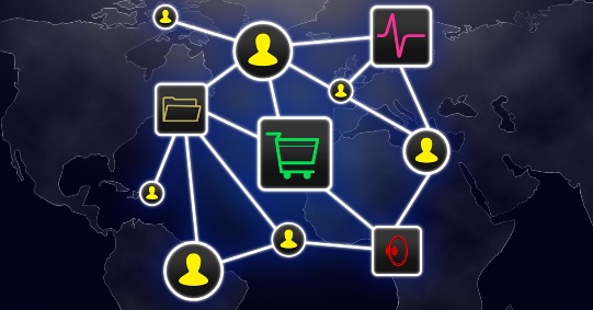 Graphic with shopping cart, people, wavelength, folder, and speaker icons connected with lines